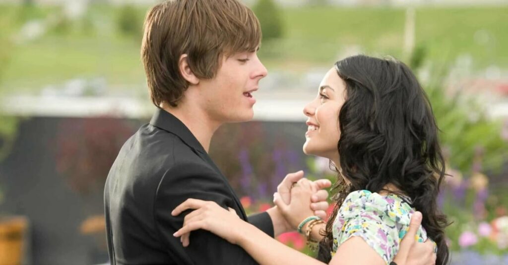 Zac Efron and Vanessa Hudgens on the set of High School Musical